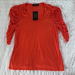 NWT Brigitte Brianna Ruched Sleeve Top Large Tangerine SexyModest